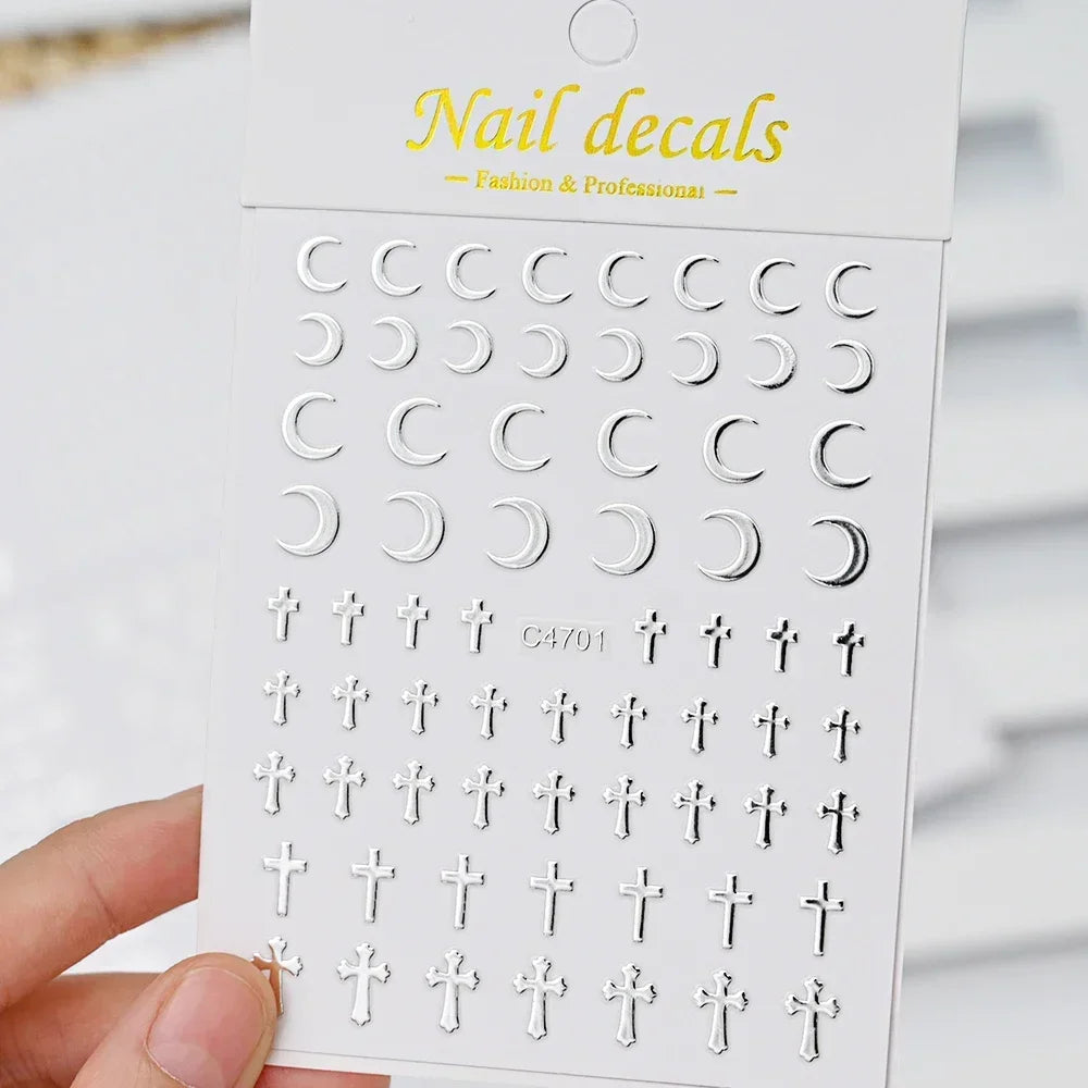 Metallic Silver 3D Star Chain Heart Nail Stickers