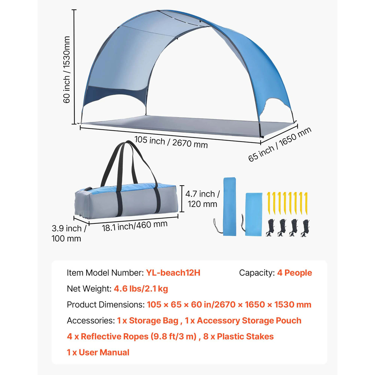 Beach Tent Sun Shelter for 3/4 Person UPF 50+