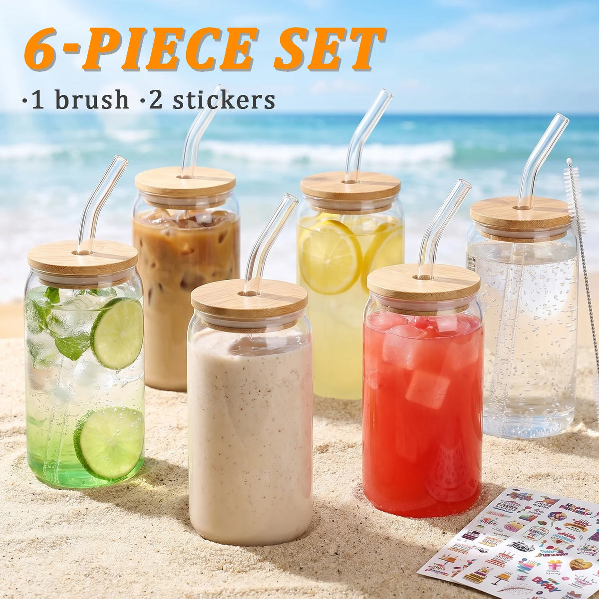 6/8 Pack Can‑Shaped Glass Cups Set with Bamboo Lids, Clear Iced Coffee Drinking Glass Tumbler, Reusable Glass Straws, Cleaning Brushes and Stickers, Soda Beer Juice Cocktail Beverage Cups for Home Kitchen Party