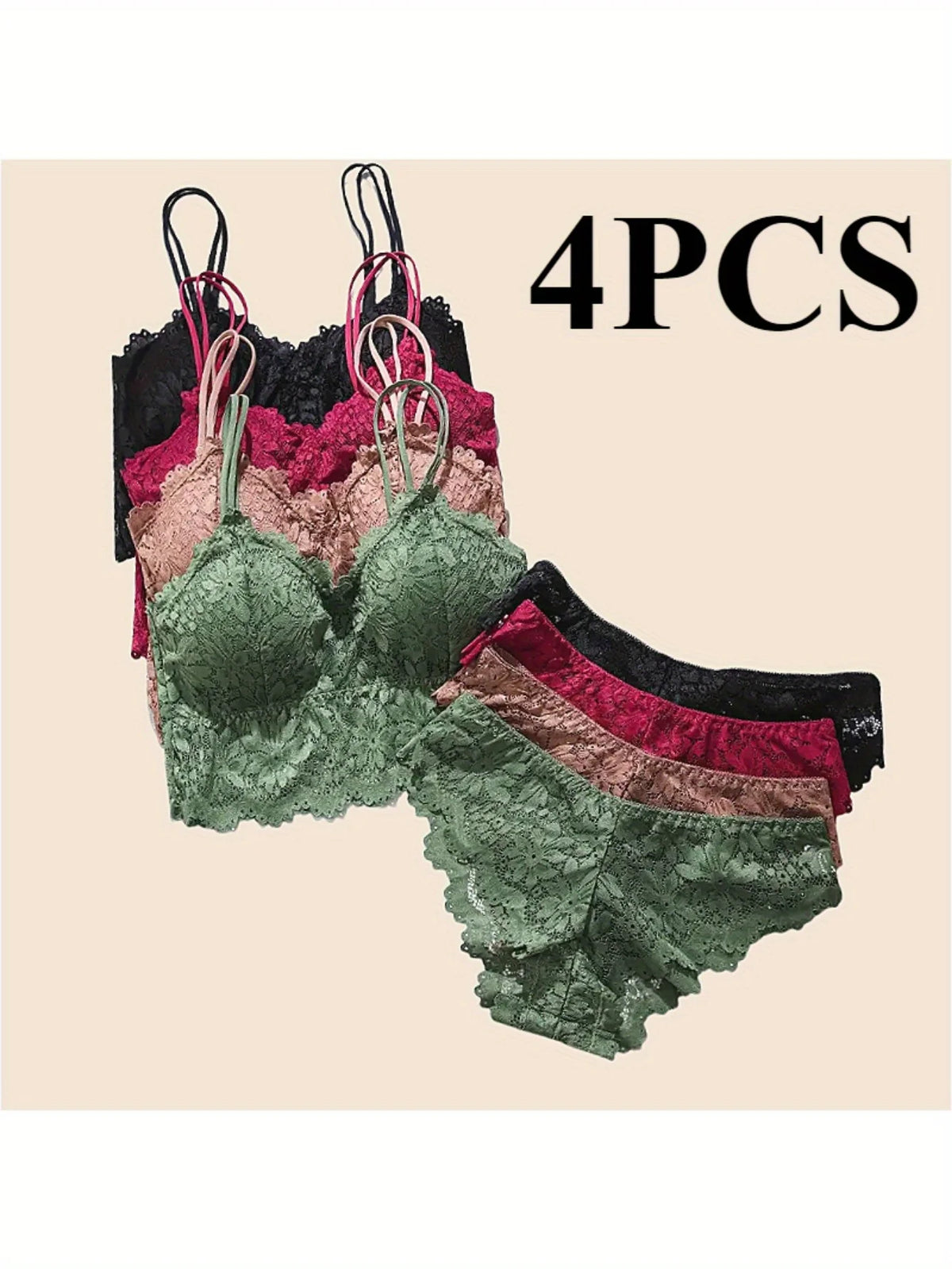 4pcs Women's Sexy Lace Bra & Panty Set,