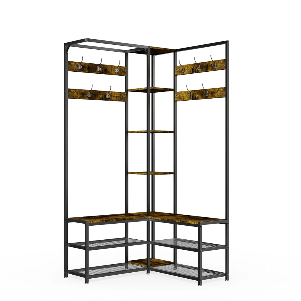 Heavy Duty Metal Corner Coat Stand with Shoe Bench