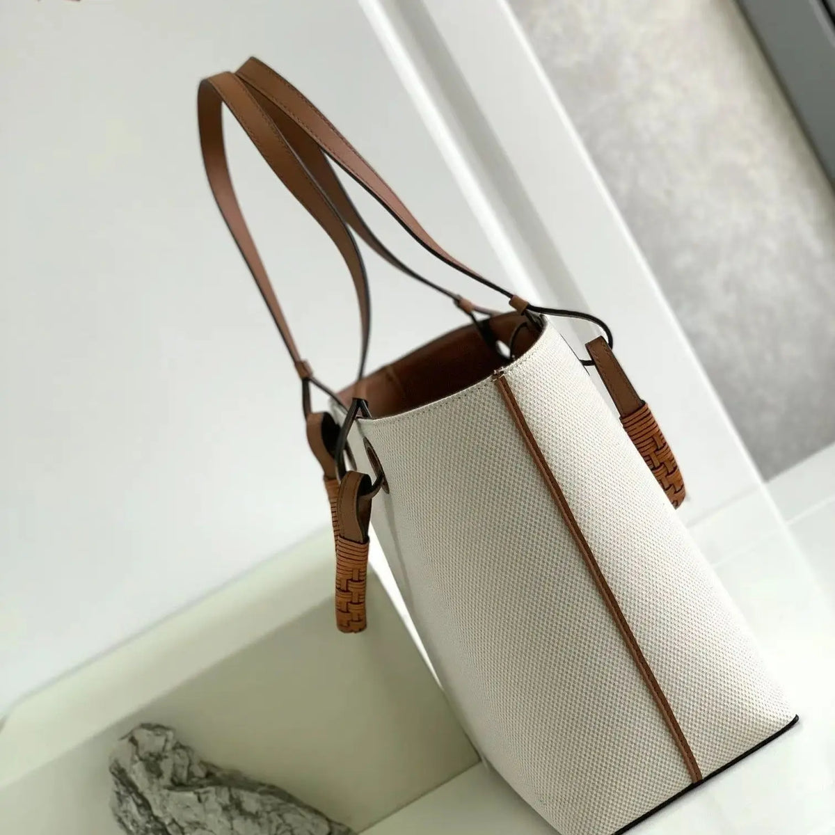 Off-white Canvas Vertical Tote Bag, Luxury Leather Trim Multi-Way Shoulder Handbag