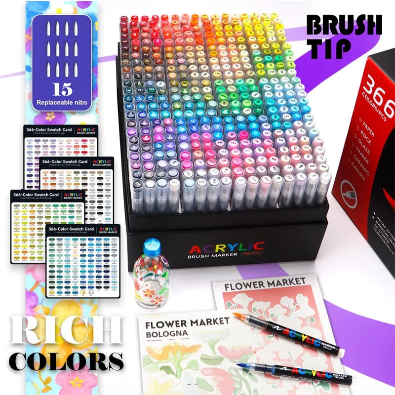 320/366Colors Acrylic Markers Brush Pens for Fabric Rock Painting Pen Stone Ceramic Wood DIY Card Making Art Supplies