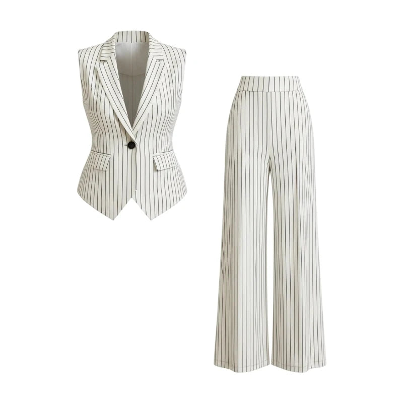 Vertical Stripe Lapel Sleeveless Vest And High Waist Wide Leg Pants