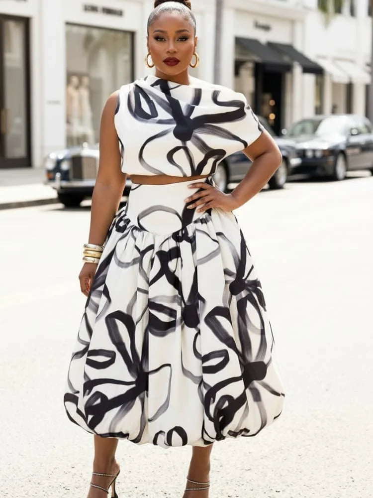 Plus Size Asymmetrical Neck Sleeveless Crop Top + High Waist Bubble Midi Skirt Matching Set