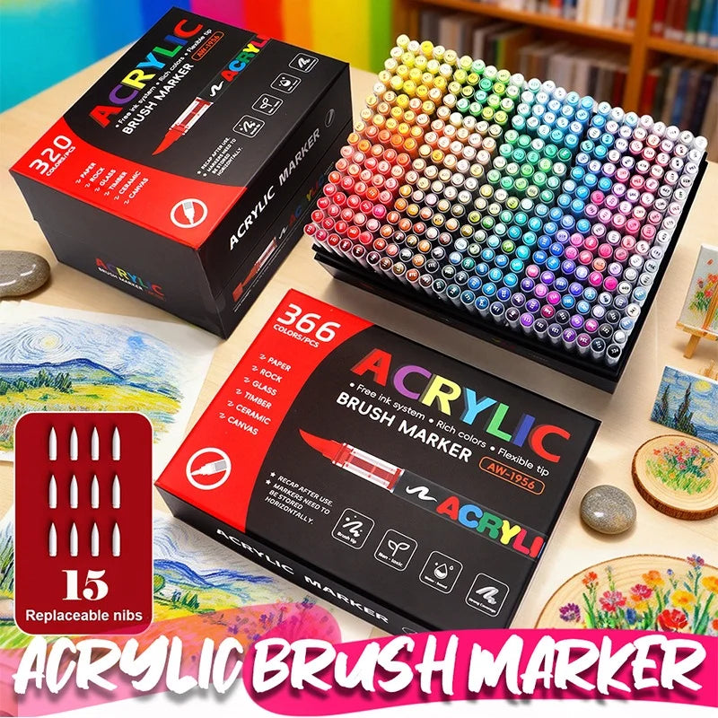 320/366Colors Acrylic Markers Brush Pens for Fabric Rock Painting Pen Stone Ceramic Wood DIY Card Making Art Supplies