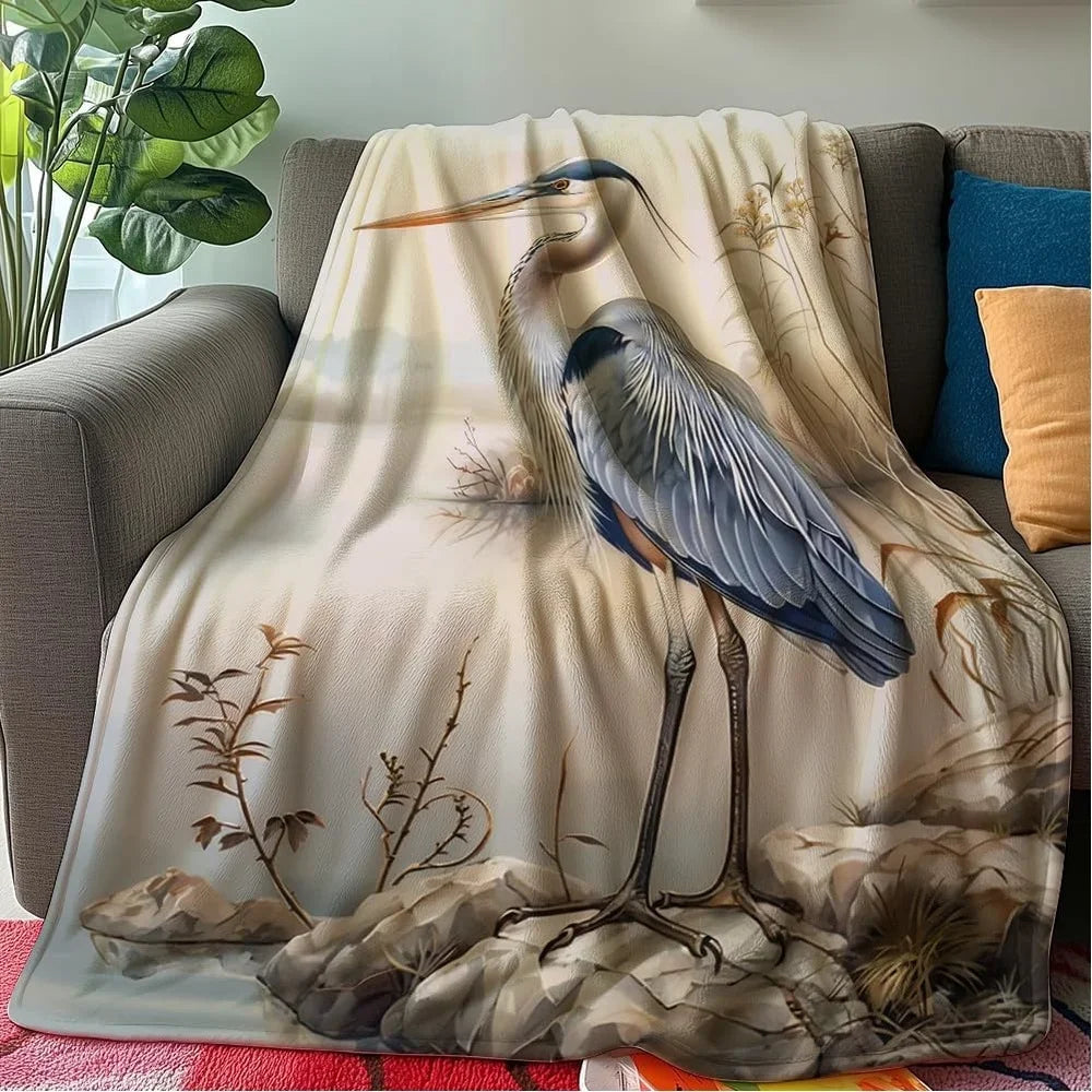 Blue Heron Bird Print Flannel Throw Blanket For All Seasons