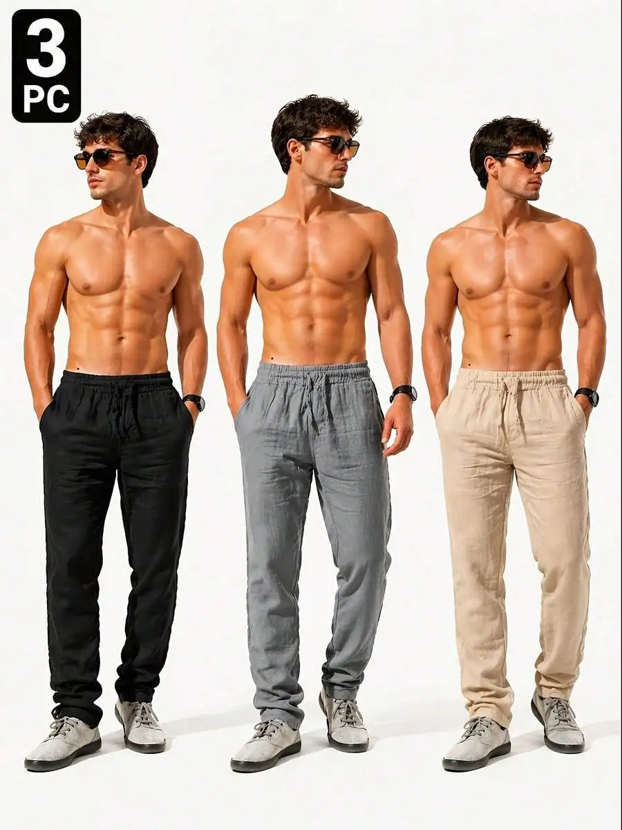 3pcs Men'S Casual Summer Pants, Lightweight Breathable Drawstring Trousers, Loose Fit Solid Color Pants For Daily Wear