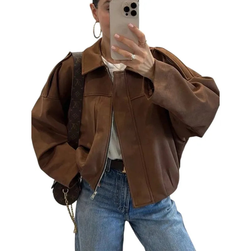 Womens Vintage Suede Casual Zipper Jacket for Night Out