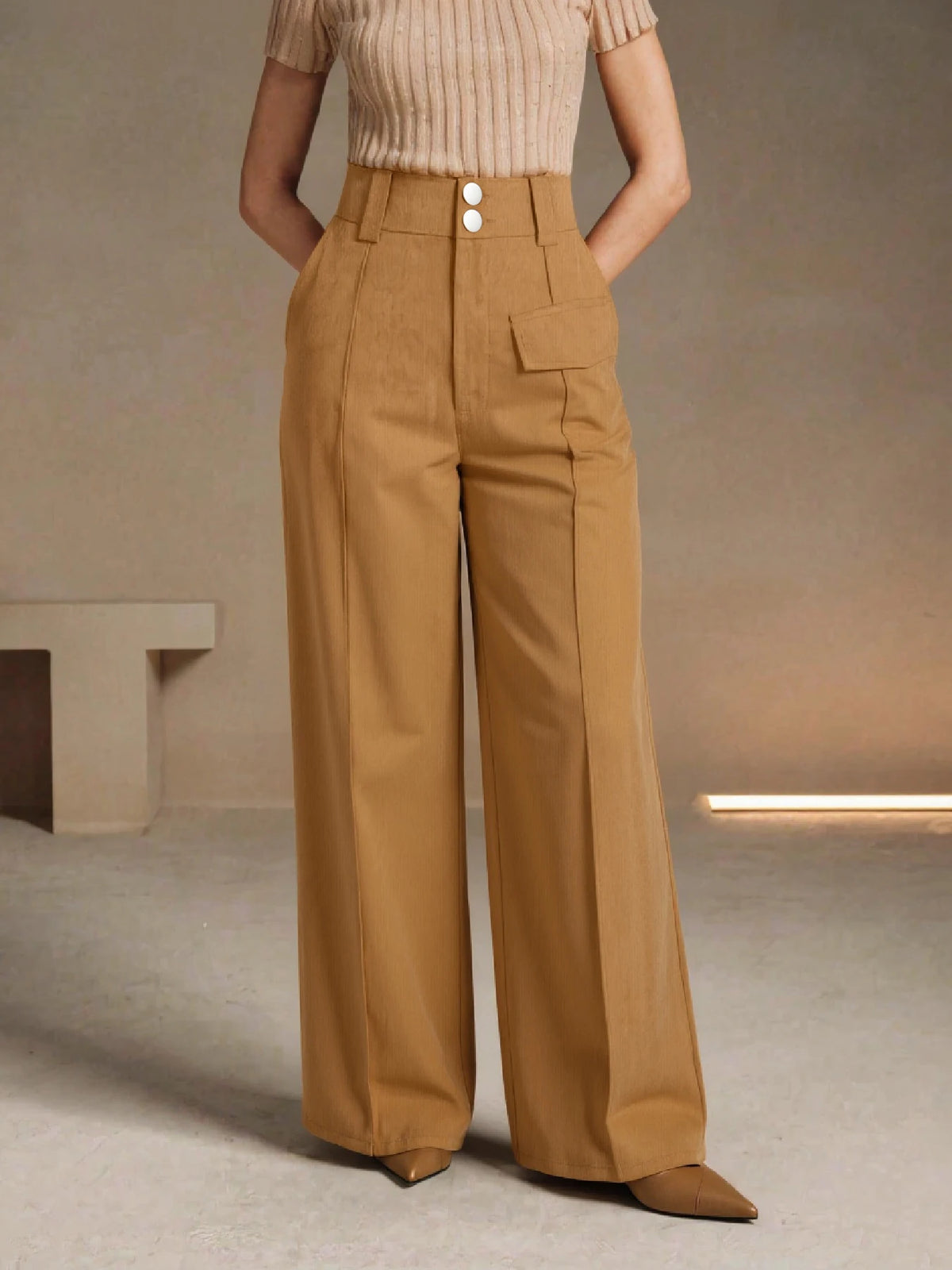 Women's High Waist Corduroy Wide Leg Casual Pants