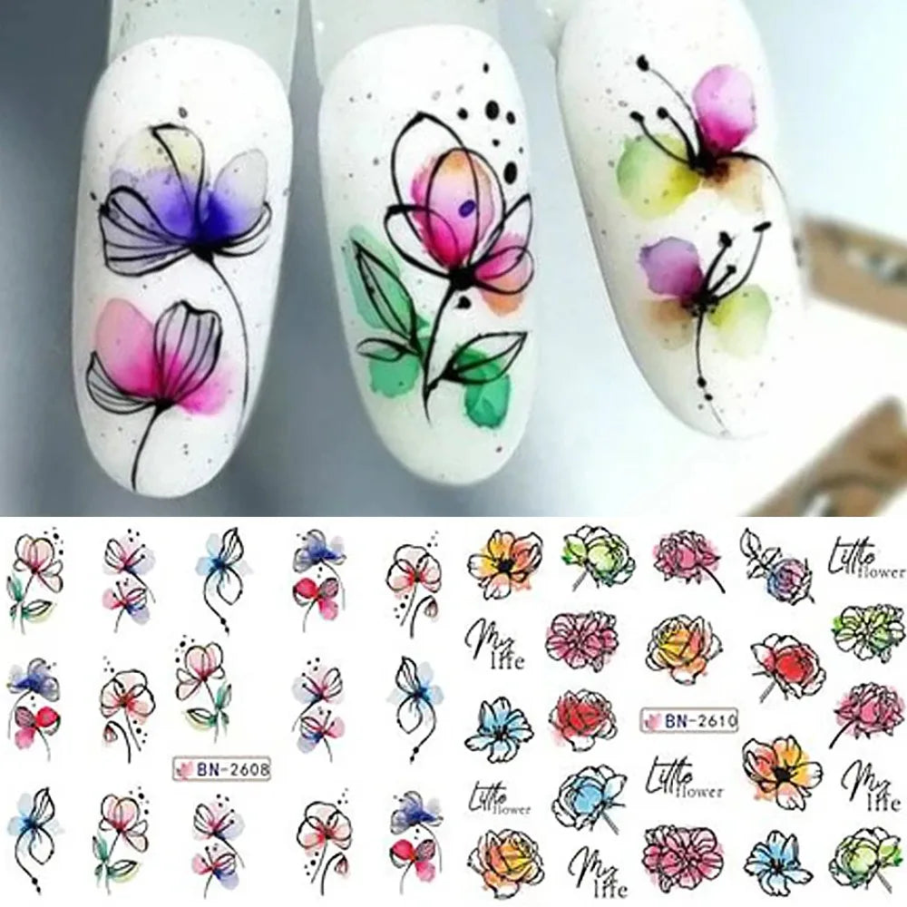 Ink Flowers Nail Art Sticker Summer Water Decal Blooming Flowers Leaves Graffiti Slider Nail Decoration Foils Tattoo