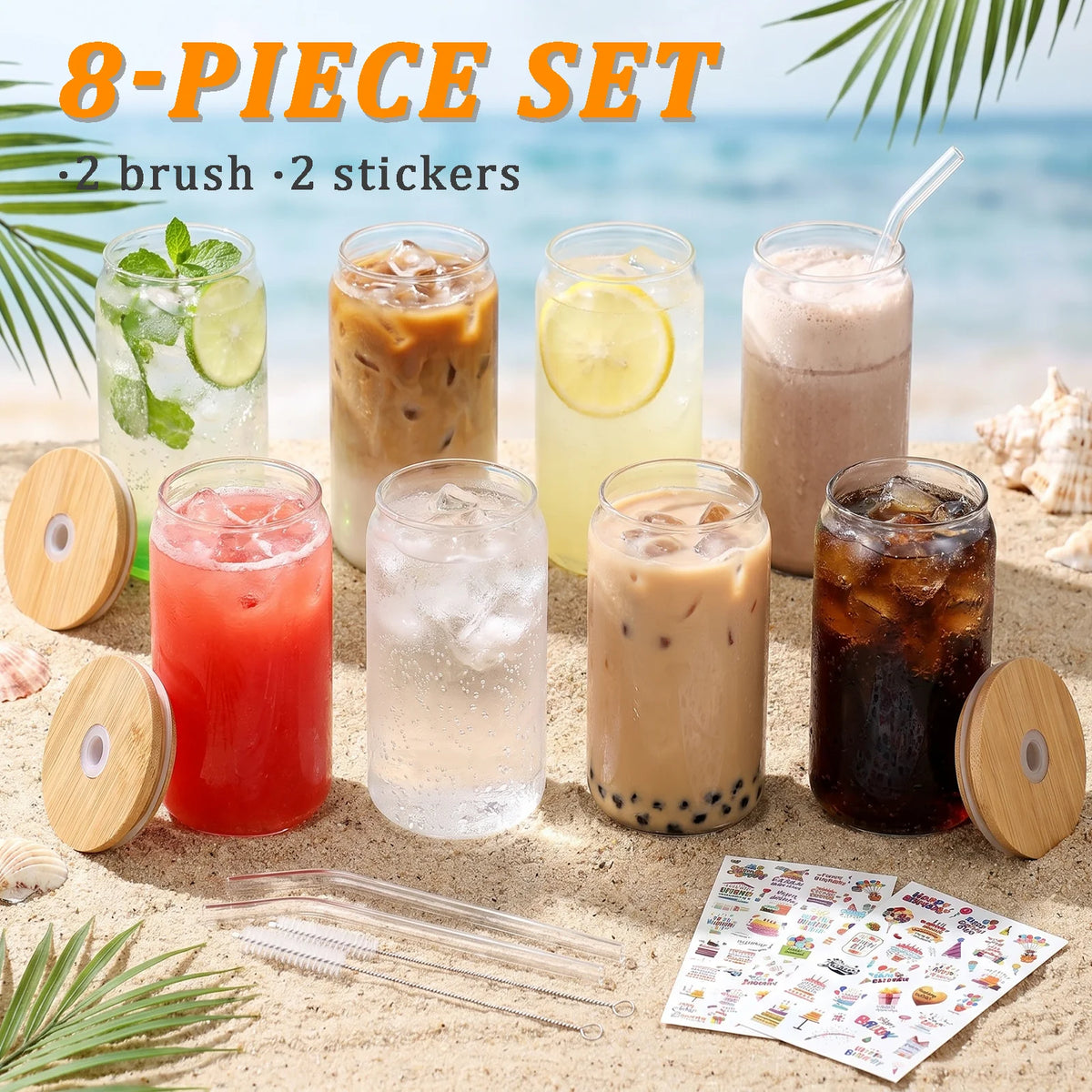 6/8 Pack Can‑Shaped Glass Cups Set with Bamboo Lids, Clear Iced Coffee Drinking Glass Tumbler, Reusable Glass Straws, Cleaning Brushes and Stickers, Soda Beer Juice Cocktail Beverage Cups for Home Kitchen Party