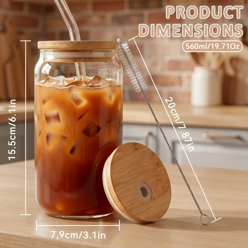 6/8 Pack Can‑Shaped Glass Cups Set with Bamboo Lids, Clear Iced Coffee Drinking Glass Tumbler, Reusable Glass Straws, Cleaning Brushes and Stickers, Soda Beer Juice Cocktail Beverage Cups for Home Kitchen Party