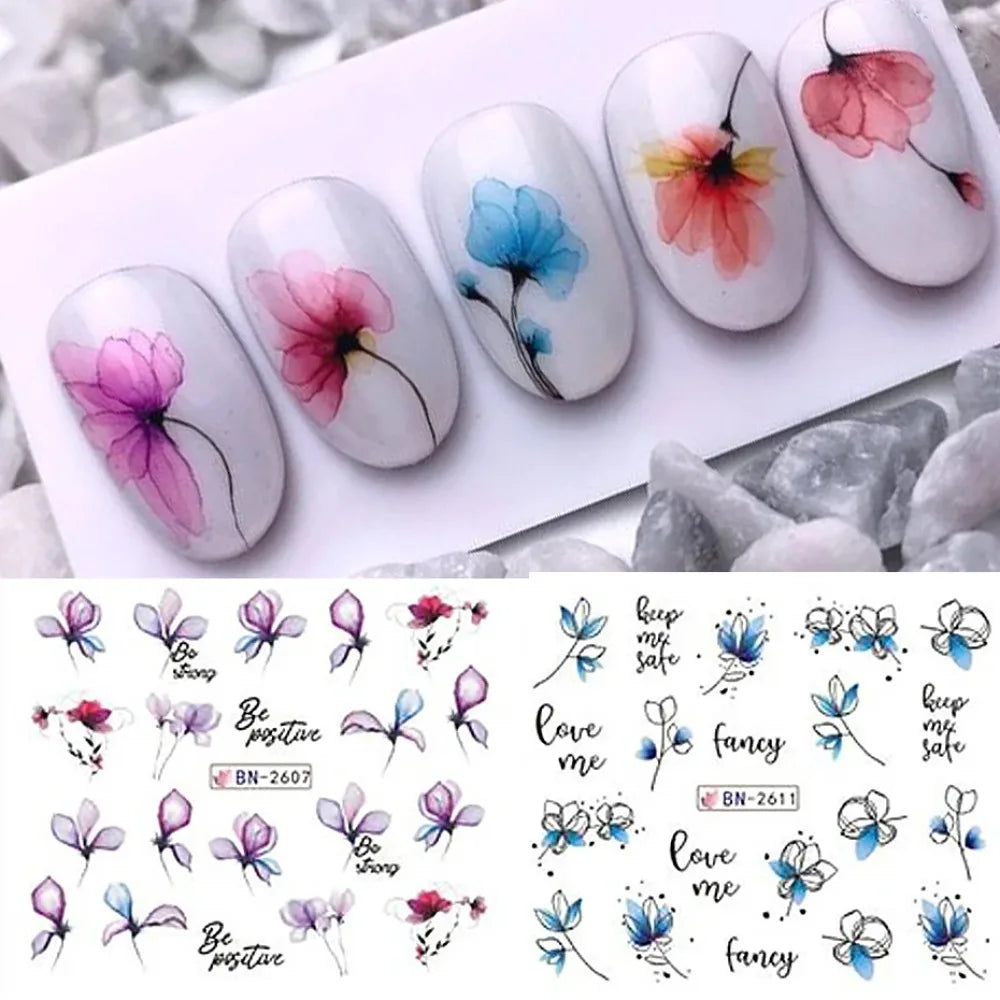 Ink Flowers Nail Art Sticker Summer Water Decal Blooming Flowers Leaves Graffiti Slider Nail Decoration Foils Tattoo