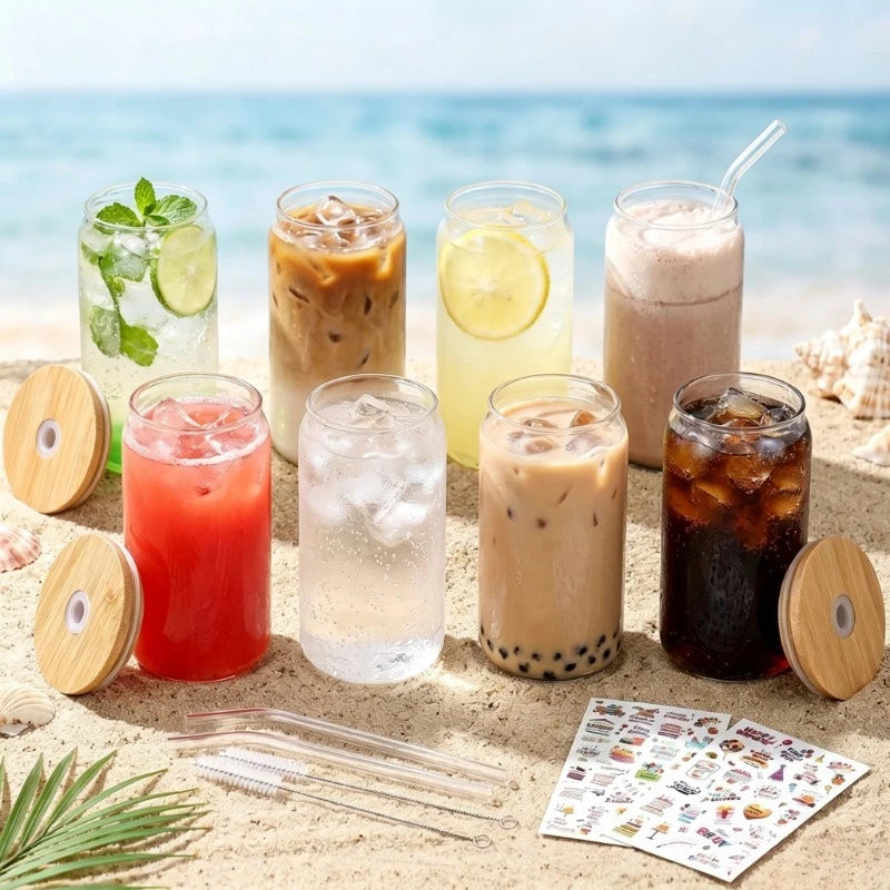 6/8 Pack Can‑Shaped Glass Cups Set with Bamboo Lids, Clear Iced Coffee Drinking Glass Tumbler, Reusable Glass Straws, Cleaning Brushes and Stickers, Soda Beer Juice Cocktail Beverage Cups for Home Kitchen Party