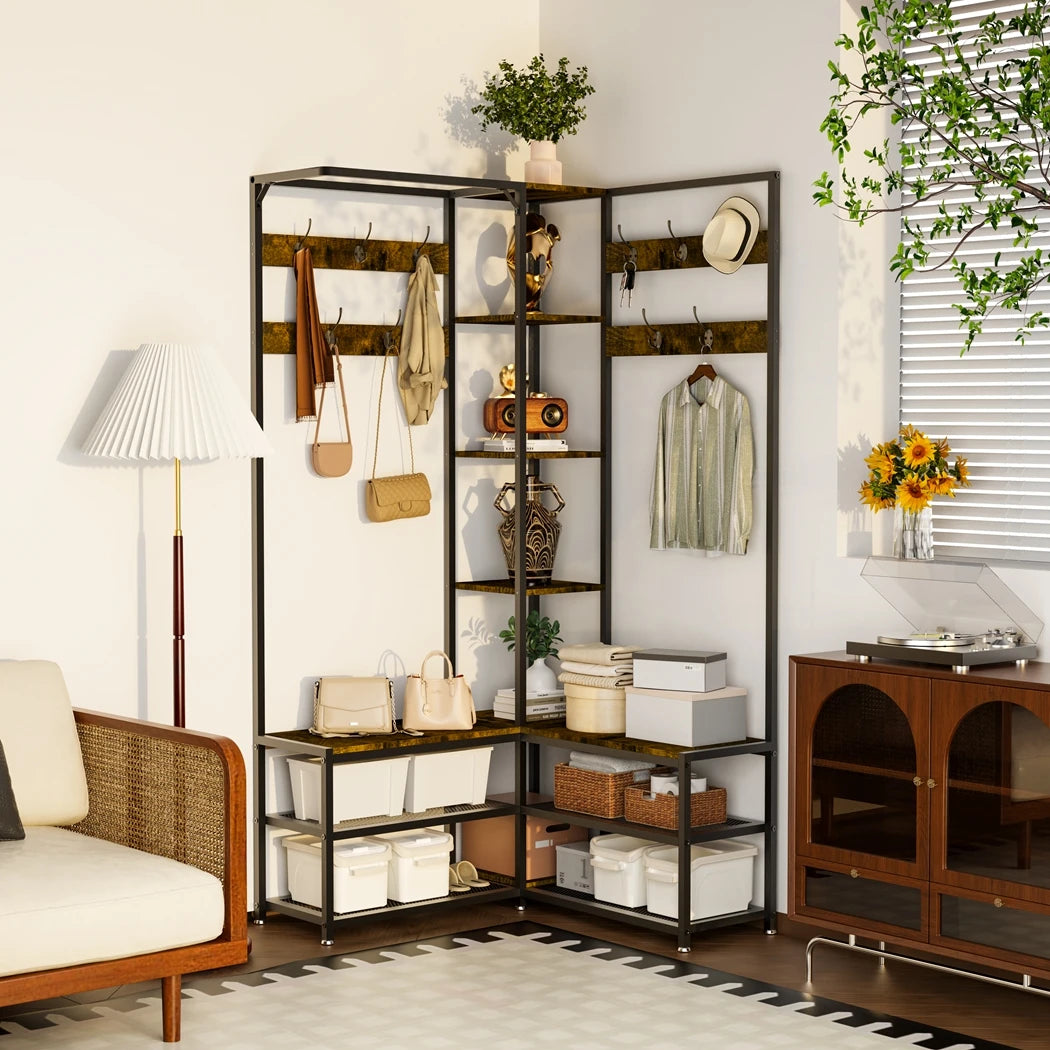 Heavy Duty Metal Corner Coat Stand with Shoe Bench