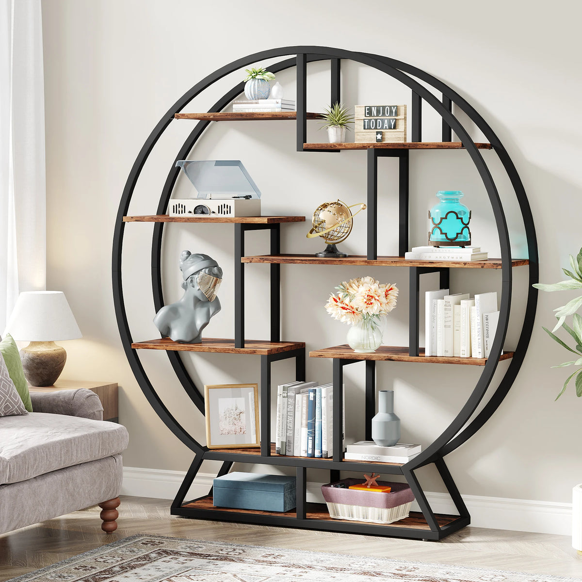 Tribesigns Industrial Wood and Metal Bookcase with Staggered Shelves