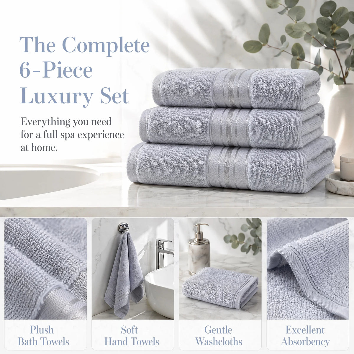 Luxury Cotton Six Piece Absorbent Bath Towel Set Collection