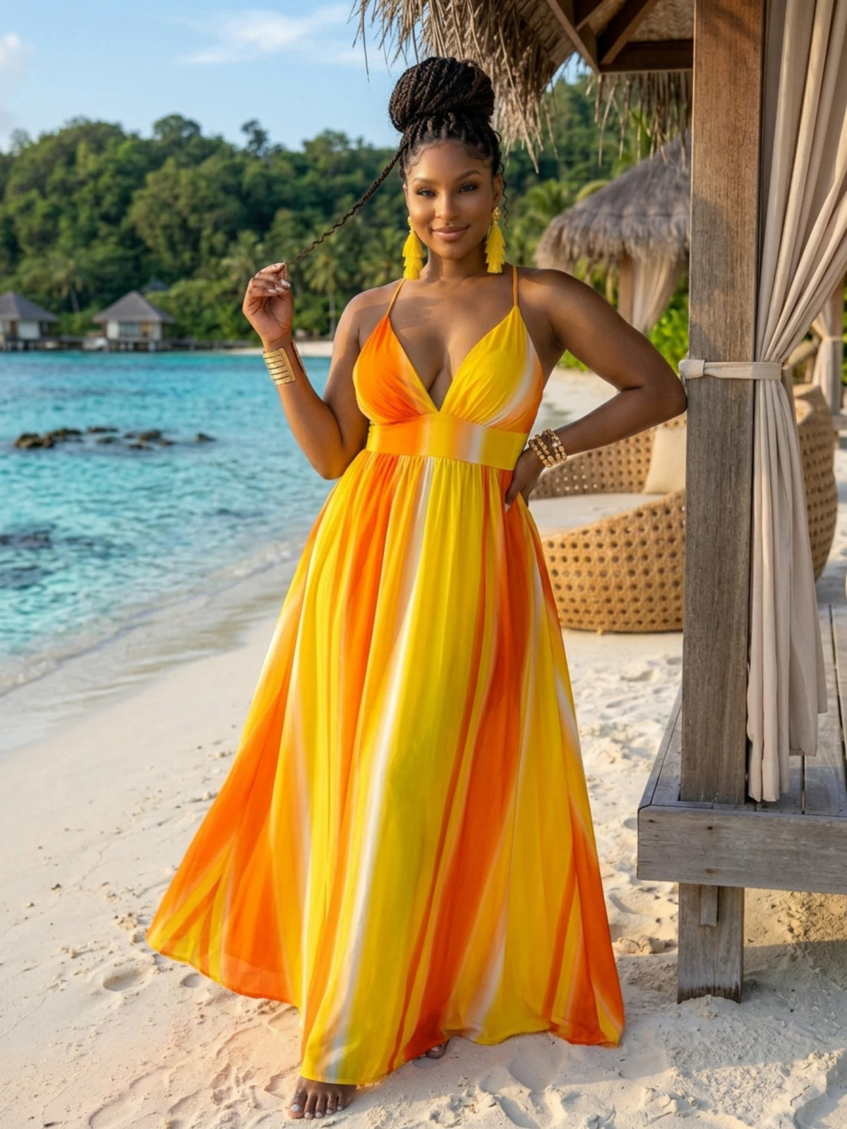 Women Plus Size Deep V Neck Spaghetti Strap Gradient Print Maxi Dress Elegant Sleeveless A Line Long Dress For Beach Vacation Party Occasion
