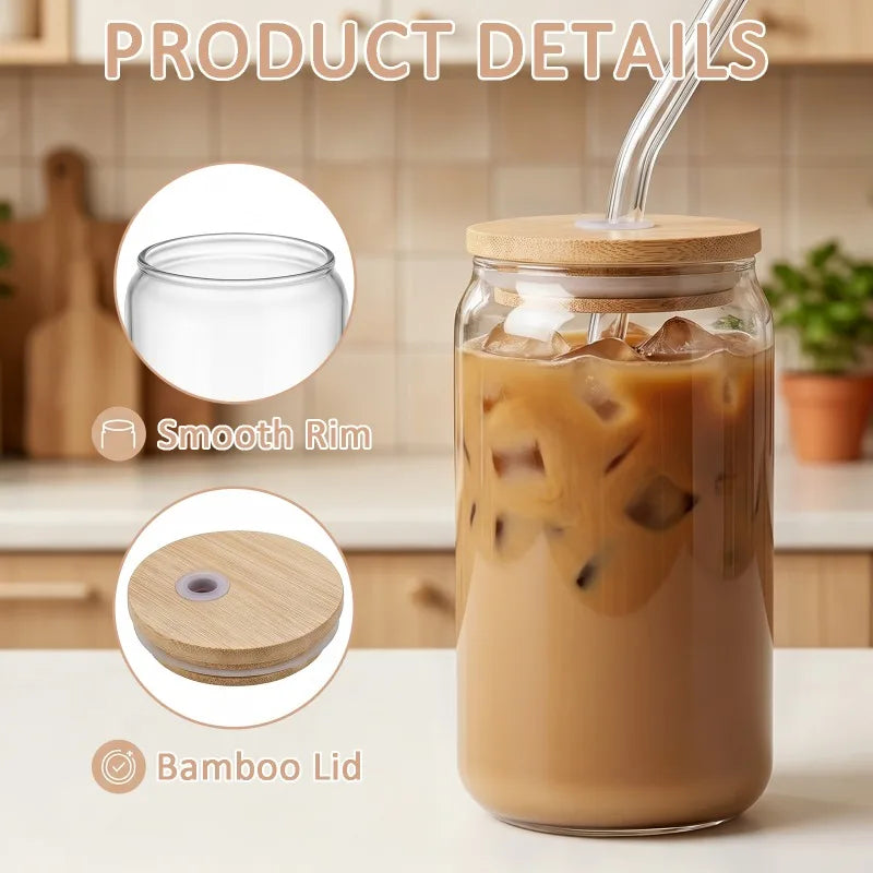 6/8 Pack Can‑Shaped Glass Cups Set with Bamboo Lids, Clear Iced Coffee Drinking Glass Tumbler, Reusable Glass Straws, Cleaning Brushes and Stickers, Soda Beer Juice Cocktail Beverage Cups for Home Kitchen Party