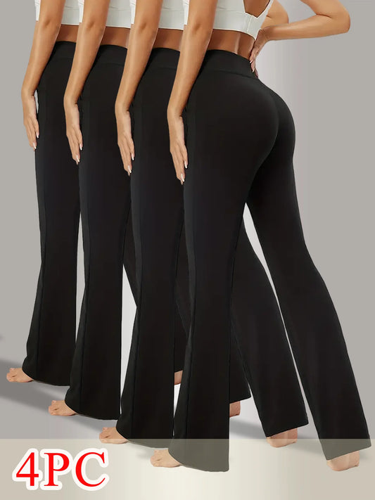 4-piece set of high waisted women's loose solid color casual bell bottom pants