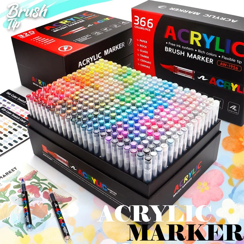 320/366Colors Acrylic Markers Brush Pens for Fabric Rock Painting Pen Stone Ceramic Wood DIY Card Making Art Supplies