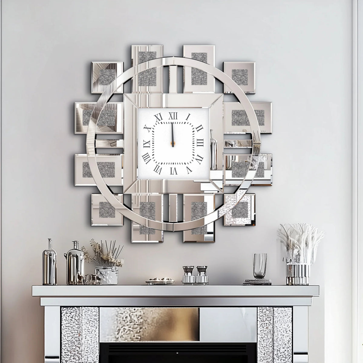 Clock With Crushed Diamond And Beveled Mirror Edge Wall Decor