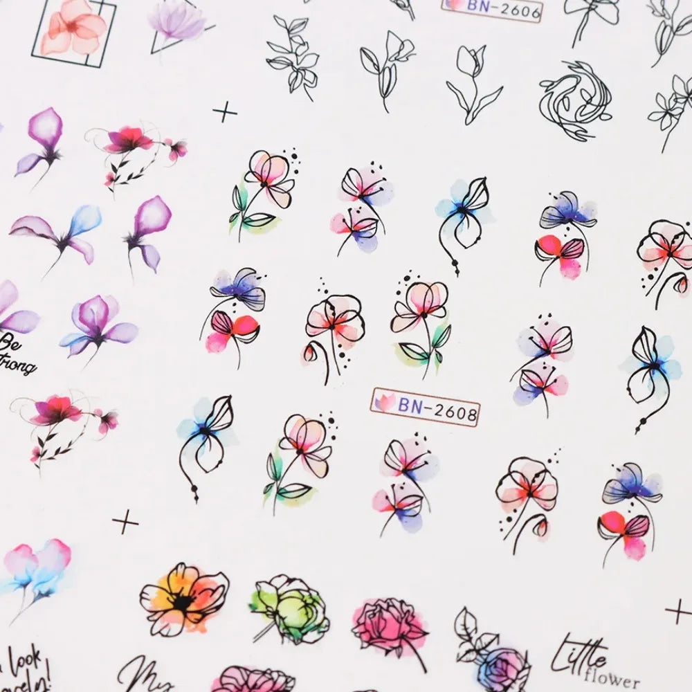 Ink Flowers Nail Art Sticker Summer Water Decal Blooming Flowers Leaves Graffiti Slider Nail Decoration Foils Tattoo