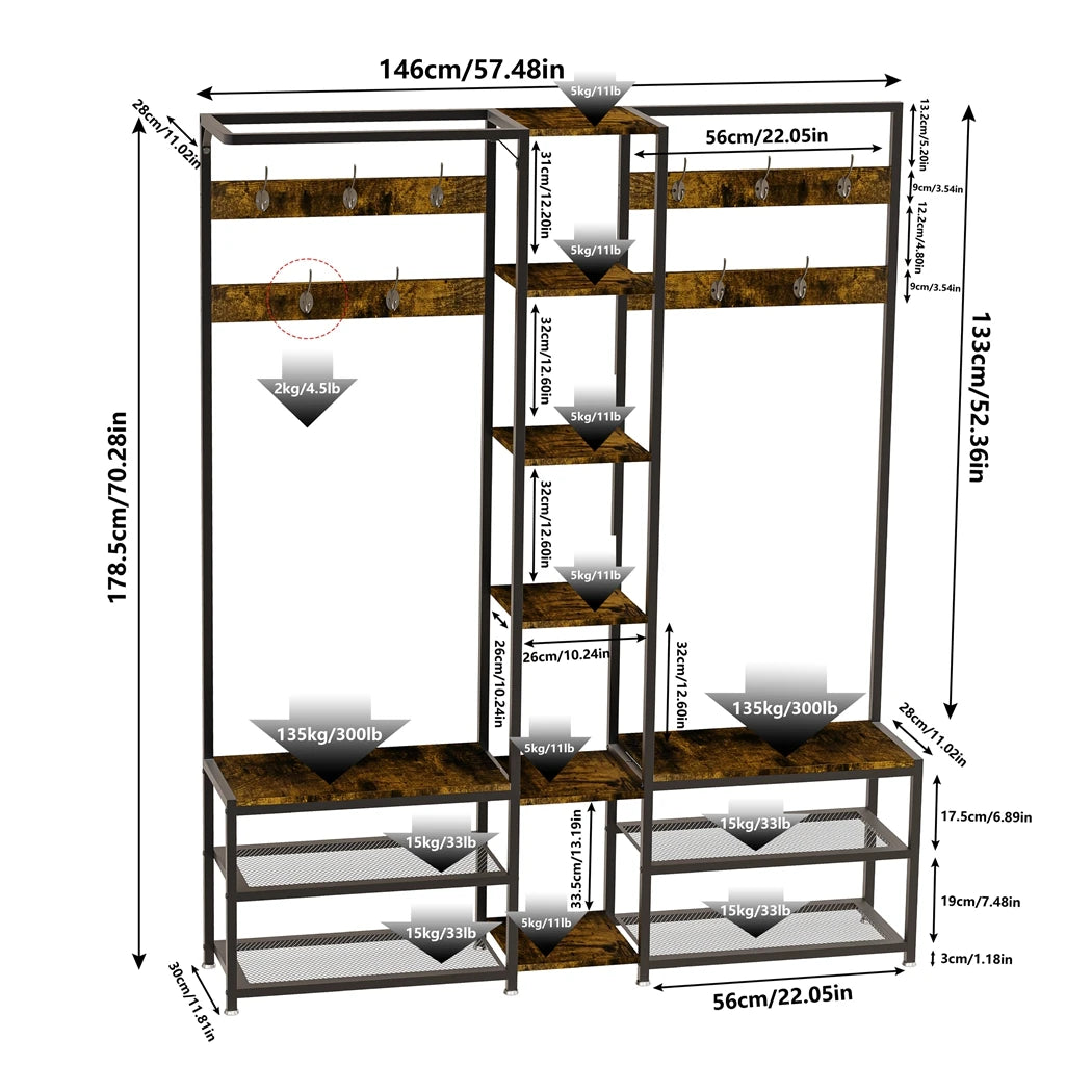 Heavy Duty Metal Corner Coat Stand with Shoe Bench