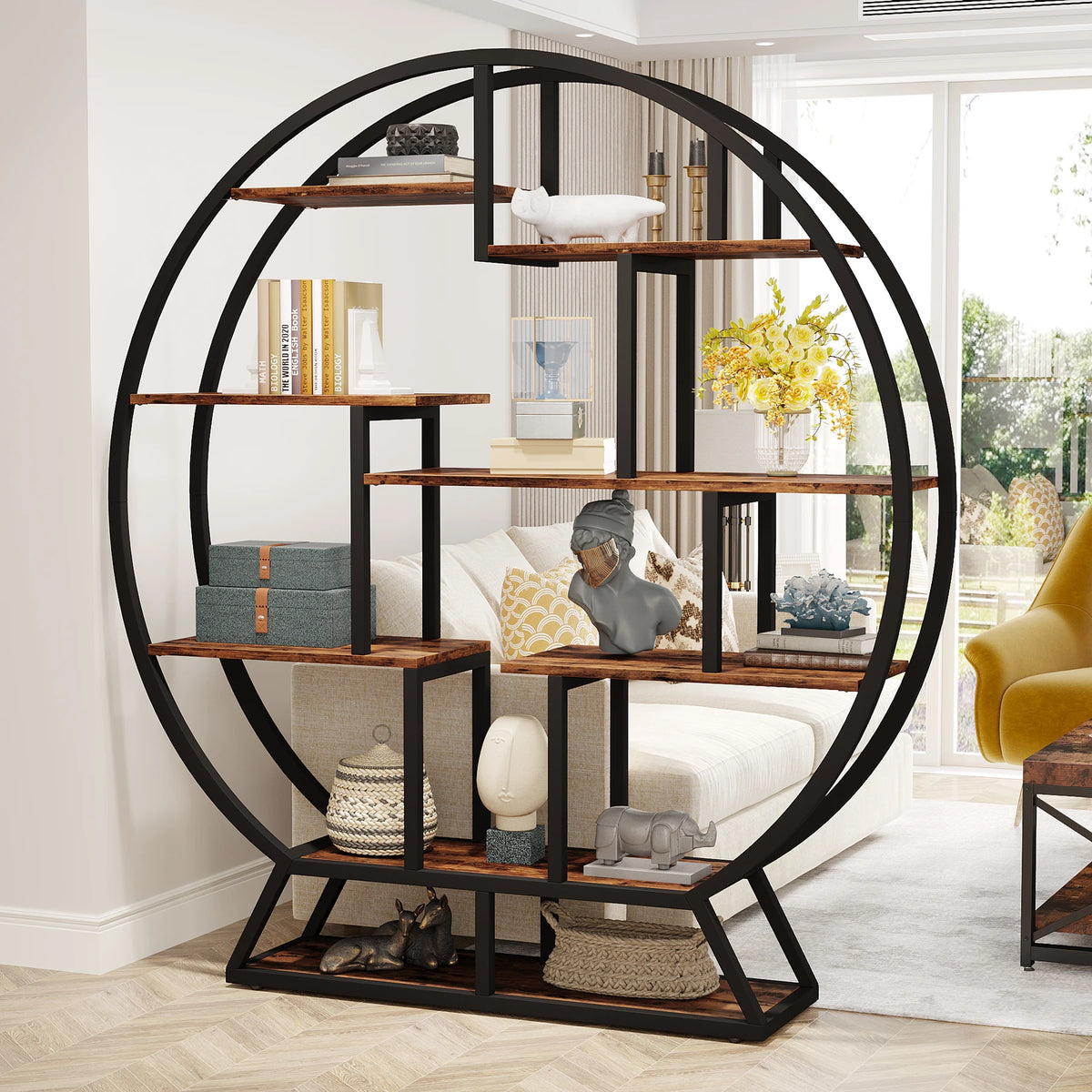 Tribesigns Industrial Wood and Metal Bookcase with Staggered Shelves