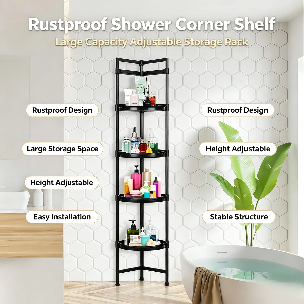 4 Tier Corner Shower Caddy Tension Pole Rust Proof