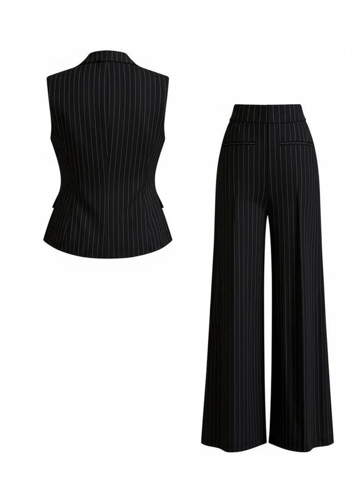 Vertical Stripe Lapel Sleeveless Vest And High Waist Wide Leg Pants