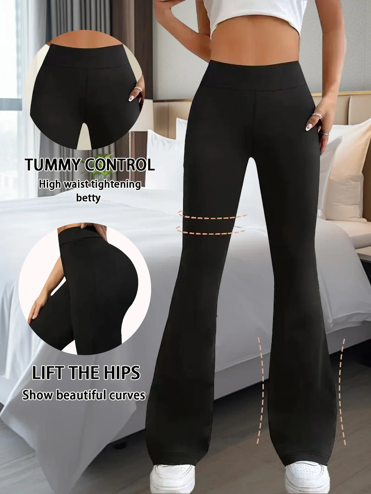 4-piece set of high waisted women's loose solid color casual bell bottom pants