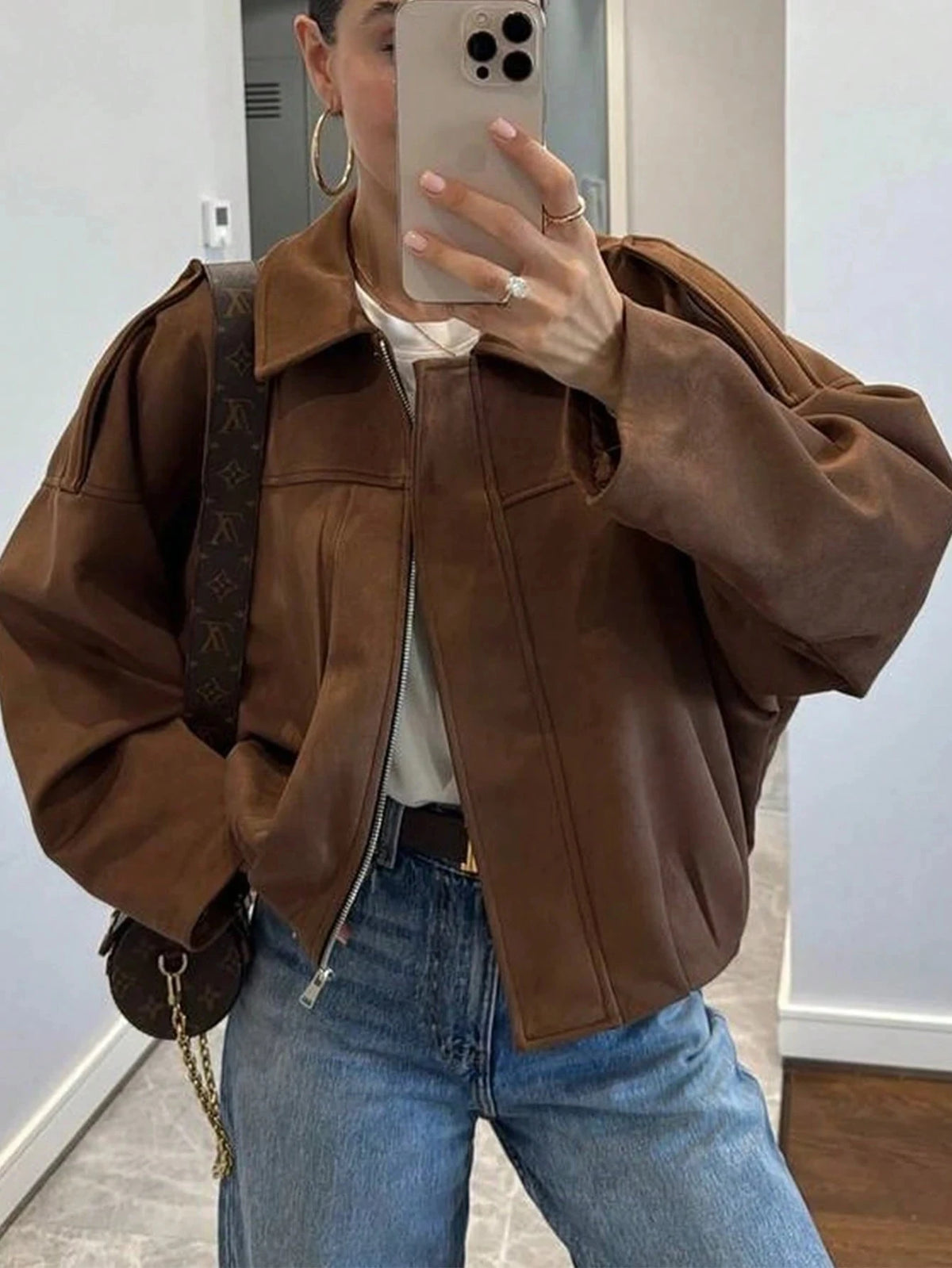 Womens Vintage Suede Casual Zipper Jacket for Night Out