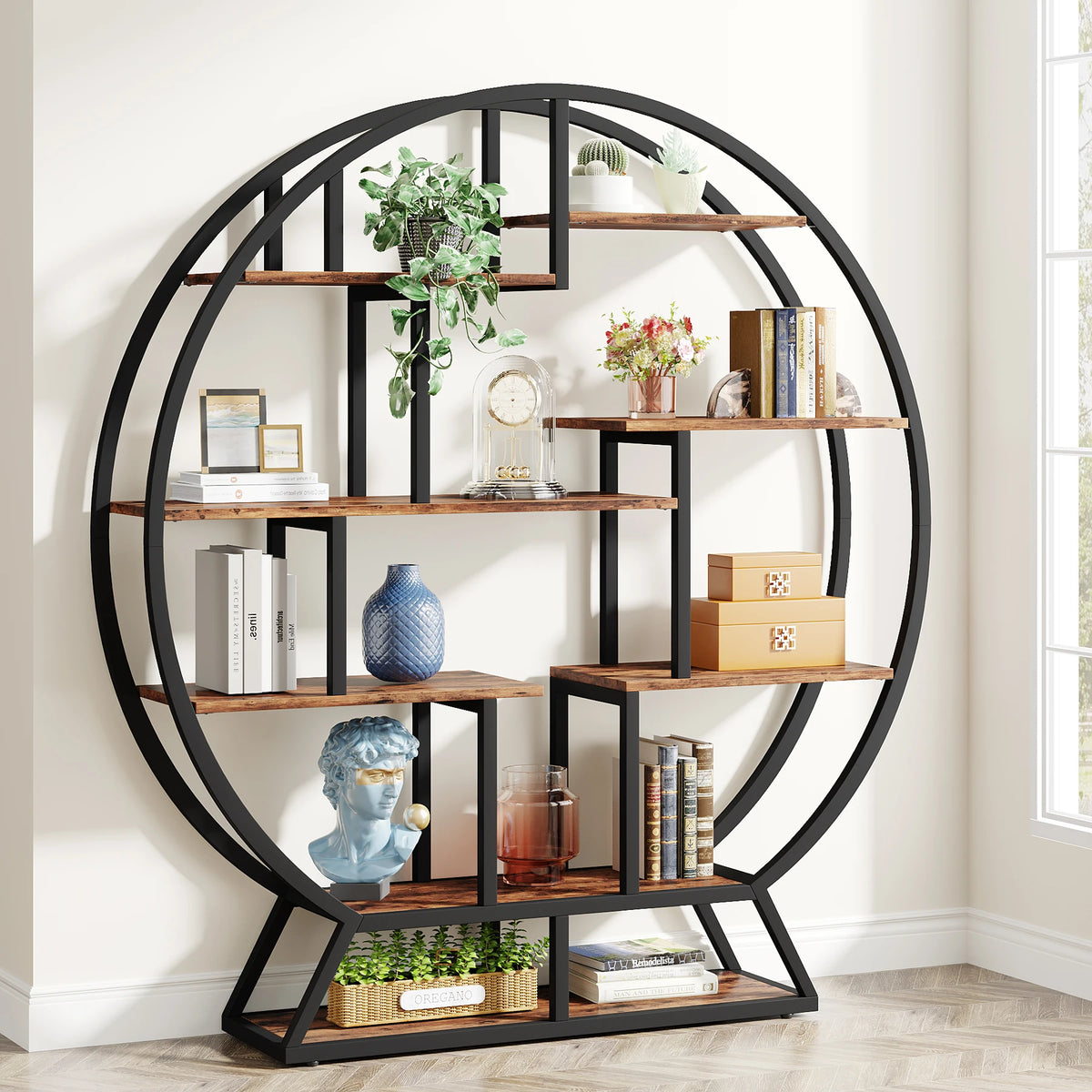 Tribesigns Industrial Wood and Metal Bookcase with Staggered Shelves