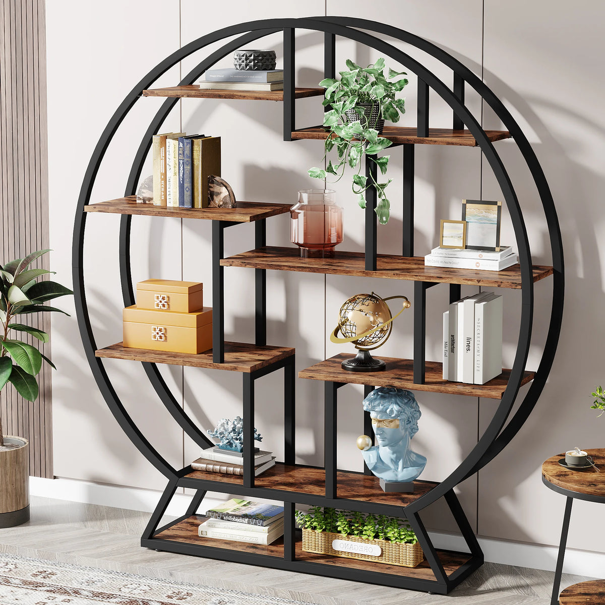 Tribesigns Industrial Wood and Metal Bookcase with Staggered Shelves
