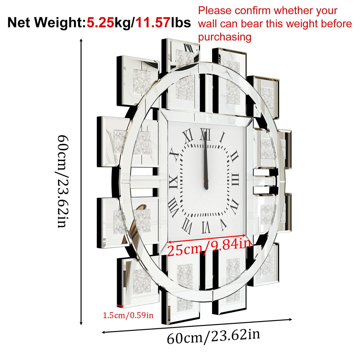 Clock With Crushed Diamond And Beveled Mirror Edge Wall Decor