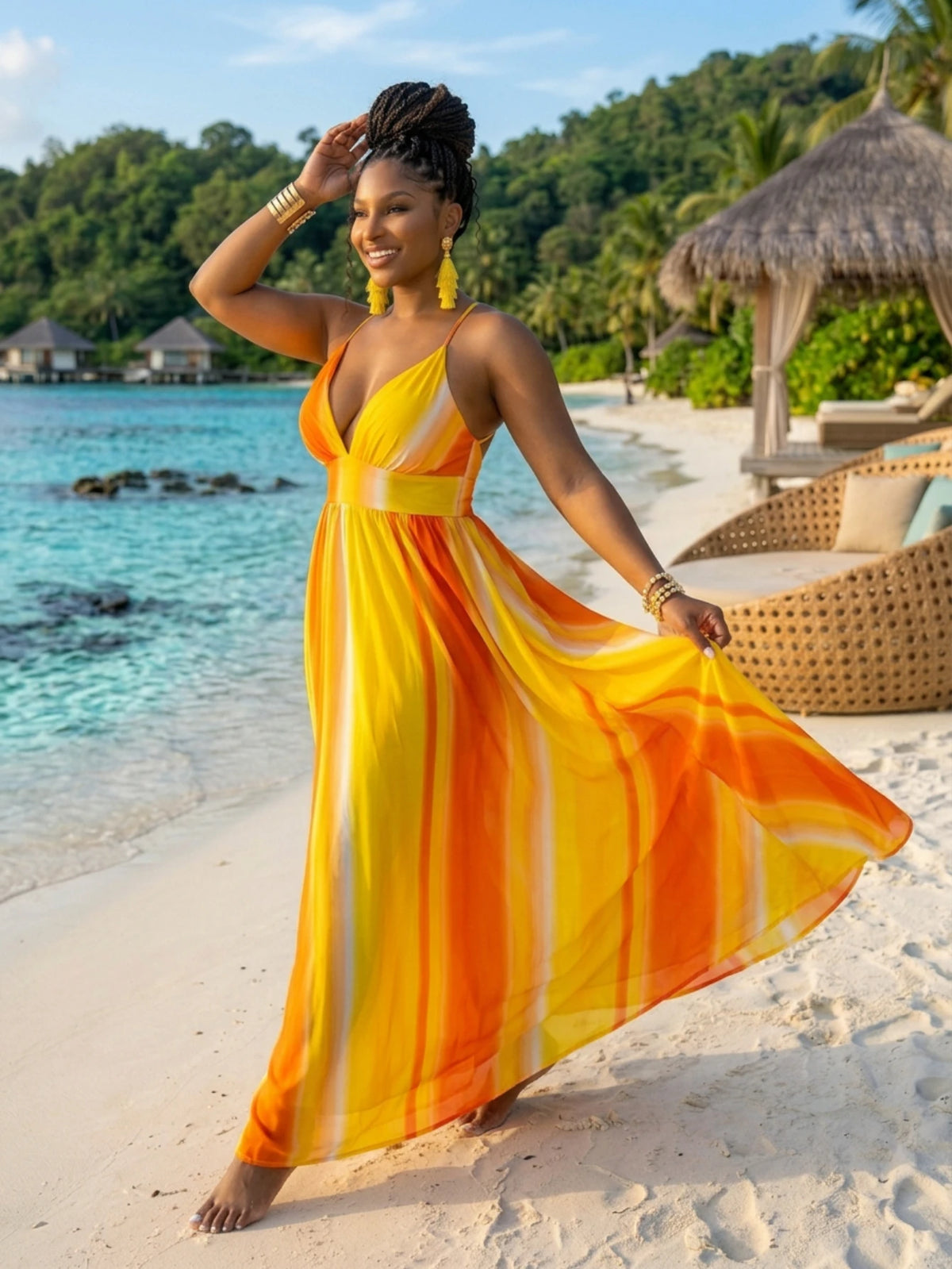 Women Plus Size Deep V Neck Spaghetti Strap Gradient Print Maxi Dress Elegant Sleeveless A Line Long Dress For Beach Vacation Party Occasion
