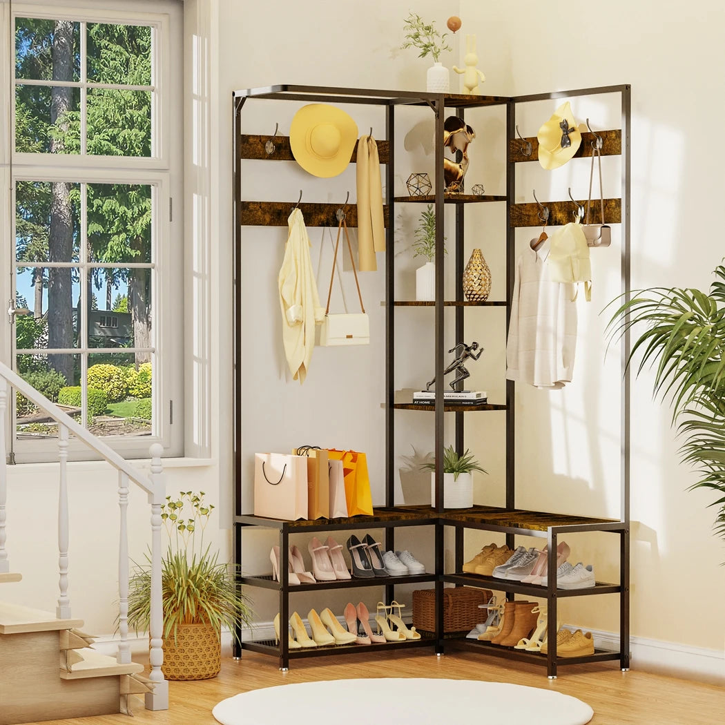 Heavy Duty Metal Corner Coat Stand with Shoe Bench