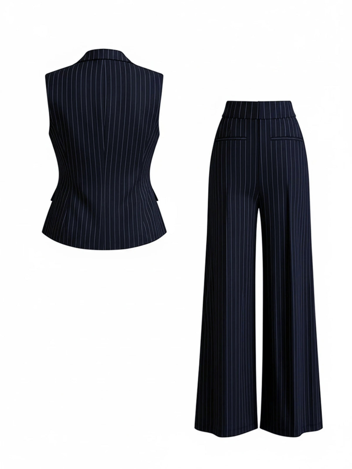 Vertical Stripe Lapel Sleeveless Vest And High Waist Wide Leg Pants