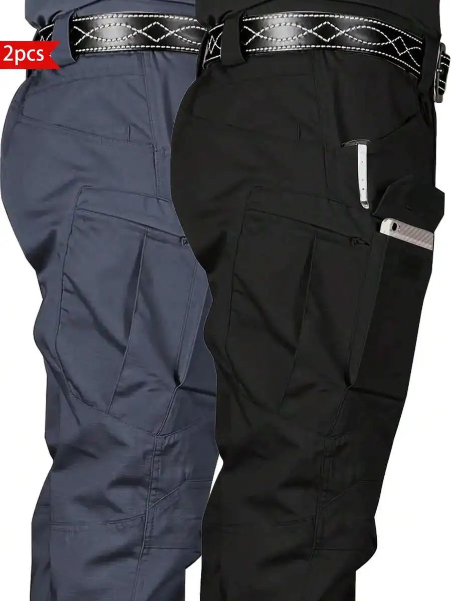 2-Pack Men'S Tactical Cargo Pants - Quick-Dry, Multi-Pocket, Wear-Resistant, Polyester Fabric, Non-Stretch, Solid Color,