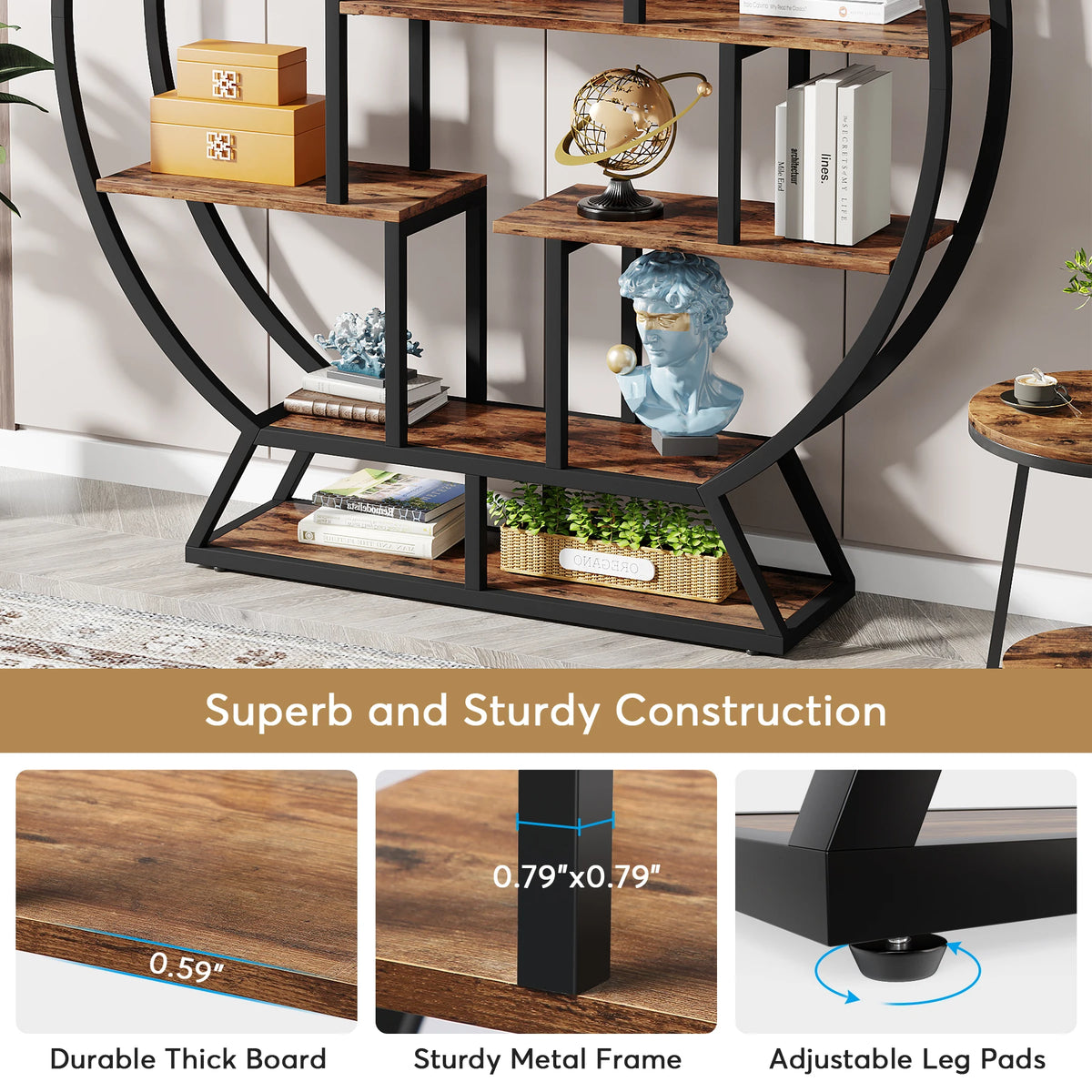 Tribesigns Industrial Wood and Metal Bookcase with Staggered Shelves