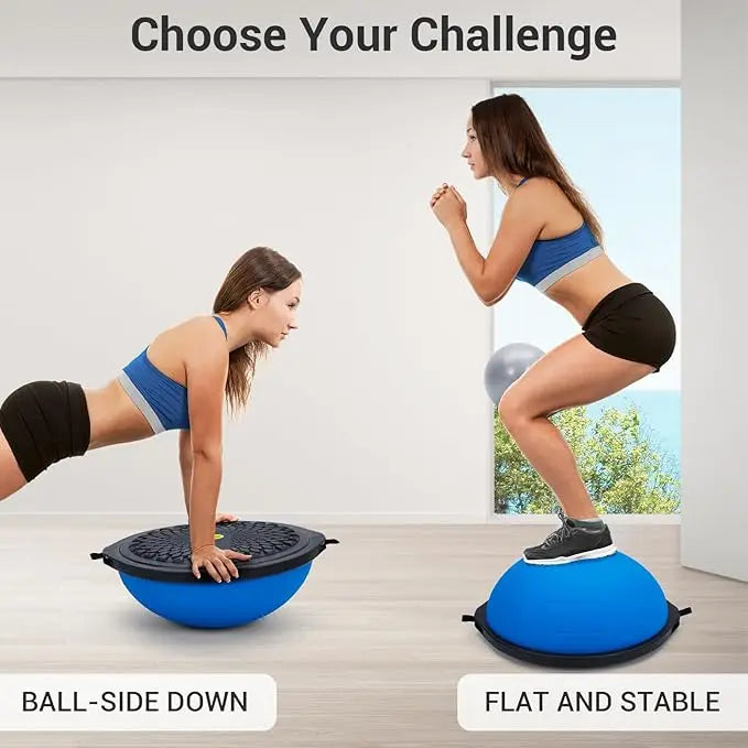 25in Half Balance Ball Trainer, Inflatable Stability Exercise Ball with Resistance Bands, Pump & Small Pilates Ball, for Core Strength Training, Yoga, and Full-Body Workouts