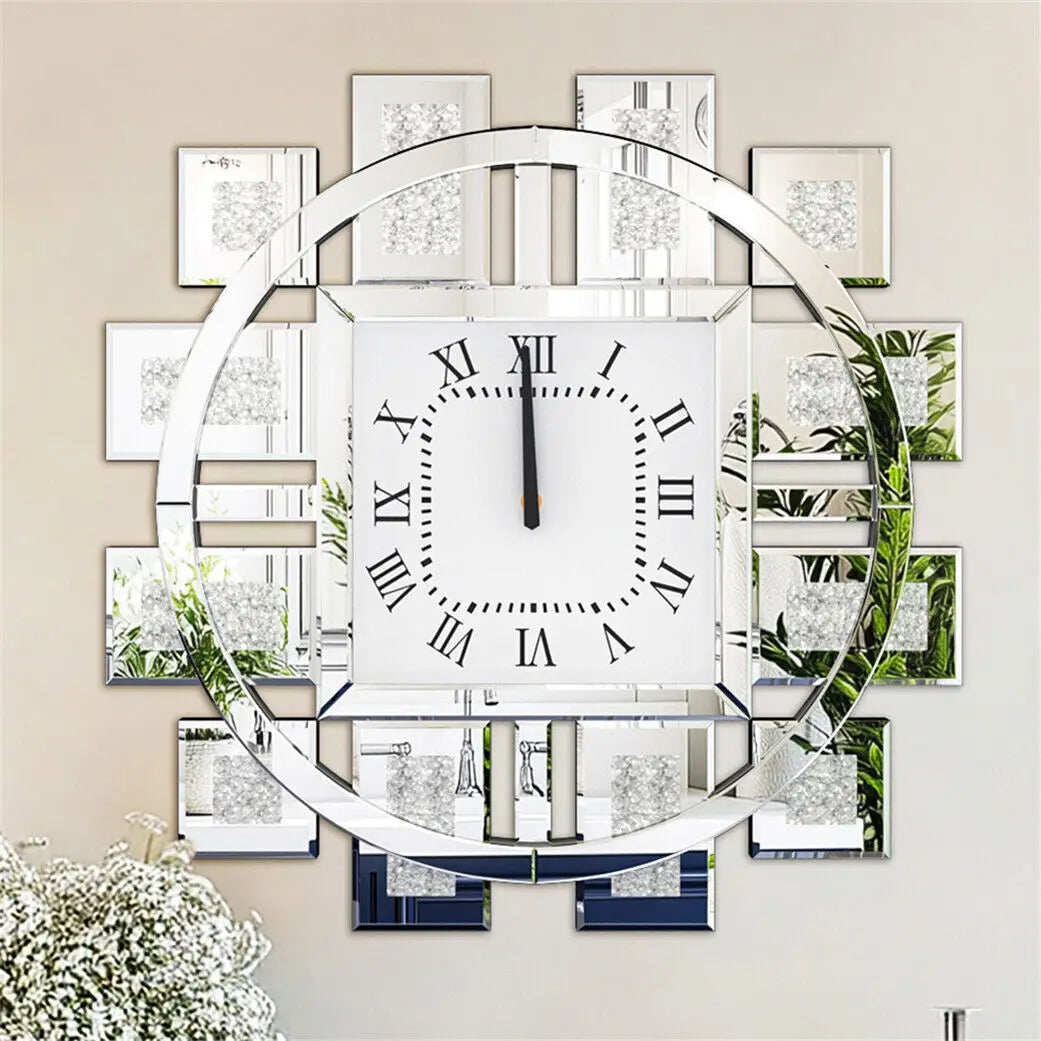 Clock With Crushed Diamond And Beveled Mirror Edge Wall Decor