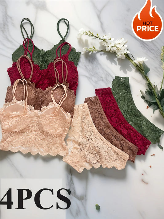 4pcs Women's Sexy Lace Bra & Panty Set,