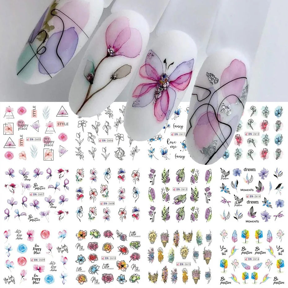 Ink Flowers Nail Art Sticker Summer Water Decal Blooming Flowers Leaves Graffiti Slider Nail Decoration Foils Tattoo