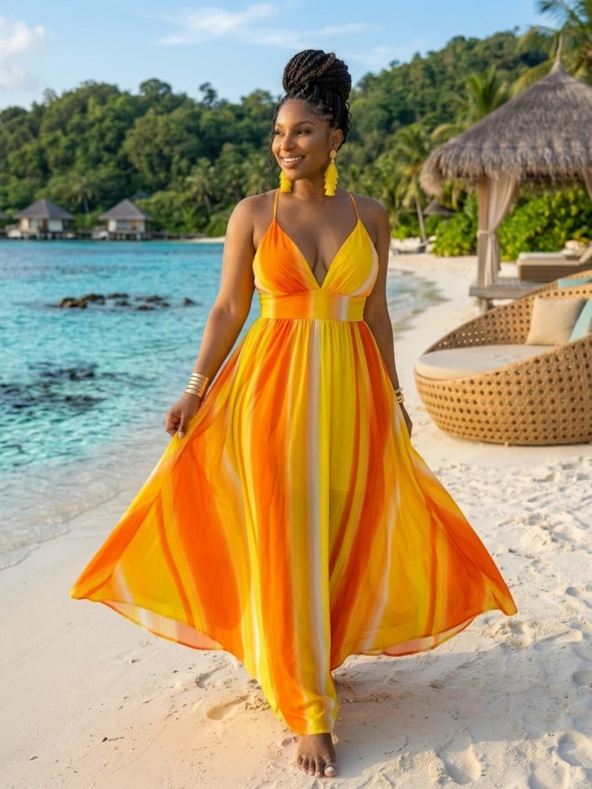 Women Plus Size Deep V Neck Spaghetti Strap Gradient Print Maxi Dress Elegant Sleeveless A Line Long Dress For Beach Vacation Party Occasion
