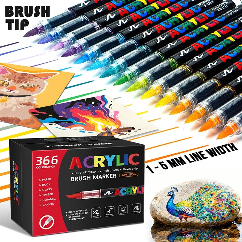 320/366Colors Acrylic Markers Brush Pens for Fabric Rock Painting Pen Stone Ceramic Wood DIY Card Making Art Supplies