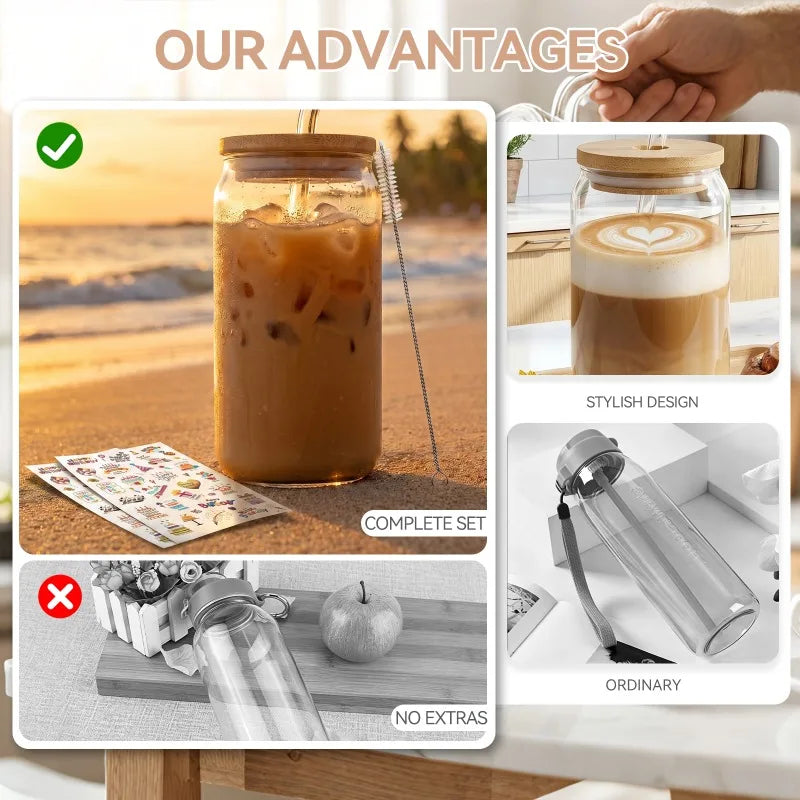 6/8 Pack Can‑Shaped Glass Cups Set with Bamboo Lids, Clear Iced Coffee Drinking Glass Tumbler, Reusable Glass Straws, Cleaning Brushes and Stickers, Soda Beer Juice Cocktail Beverage Cups for Home Kitchen Party
