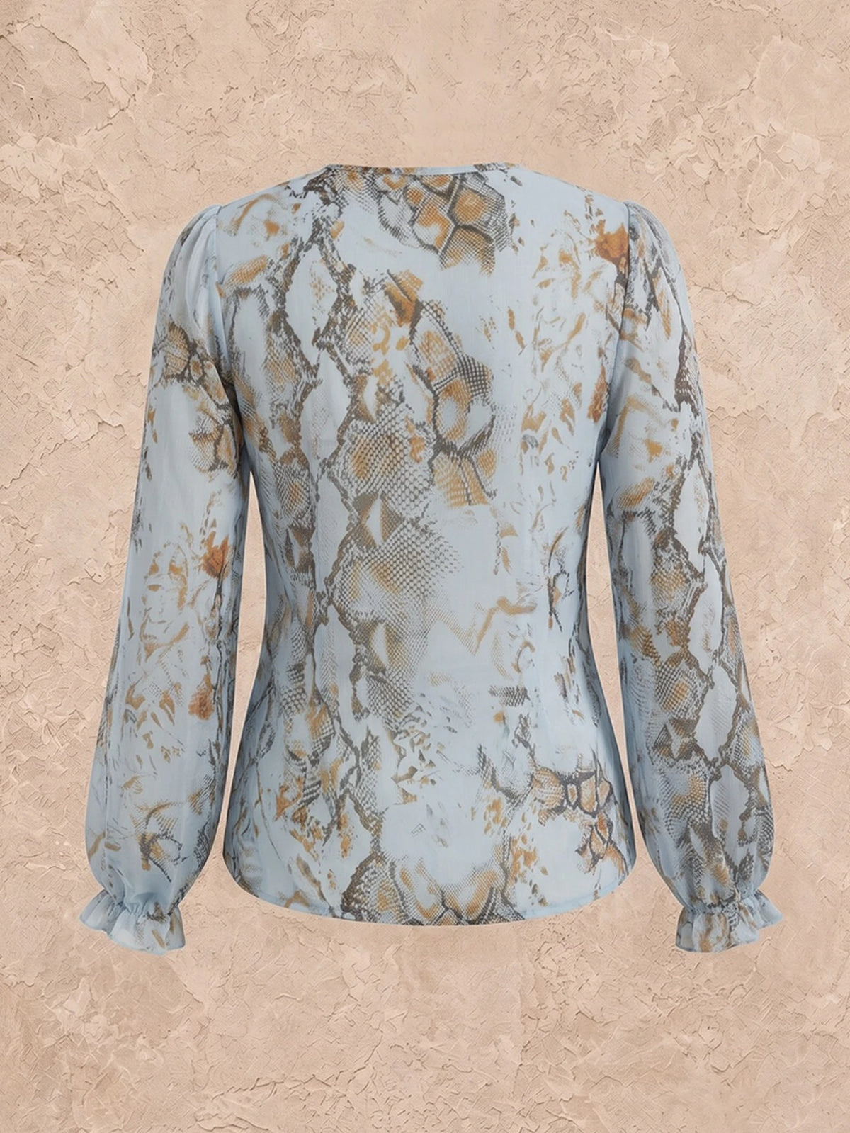 Women V Neck Ruffle Trim Zipper Front Long Sleeve